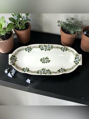 Antique Hand Painted Nippon Celery Dish 12" Porcelain Tray w/ Blue Flowers Gold